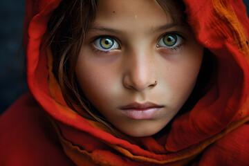 close up portrait of young girl with blue eyes and red hooded robe