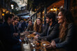 canvas print picture - Millennial friends enjoying a fun-filled social gathering at an outdoor restaurant, sharing stories and laughter, generative ai