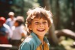 Portrait of a young boy at summer camp, candidly expressing pure joy and the carefree spirit of childhood vacation, generative ai