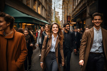 Joyful Millennials Commuting In An Urban Setting, Walking Together On City Streets, Embodying Youthful Energy And Ambition, Generative Ai