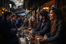 Millennial Friends Enjoying A Fun-filled Social Gathering At An Outdoor Restaurant, Sharing Stories And Laughter, Generative Ai