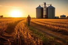 Rear View Of A Farmer At Dawn, Walking Through A Dew-kissed Corn Field Towards Distant Grain Silos, Generative Ai