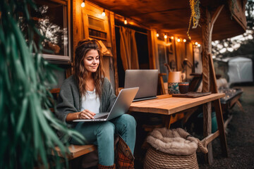young woman digital nomad engaging in remote work outside her vintage camper van, epitomizing the mo