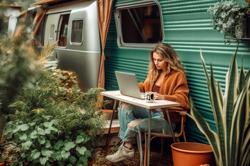 Young woman digital nomad engaging in remote work outside her vintage camper van, epitomizing the mobile, van life lifestyle, generative ai