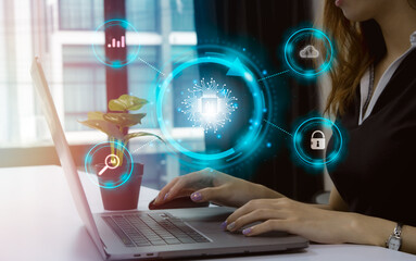 Fototapete - Businesswoman using laptop computer connecting virtual ai smart technology. Artificial Intelligence Chatting bot.