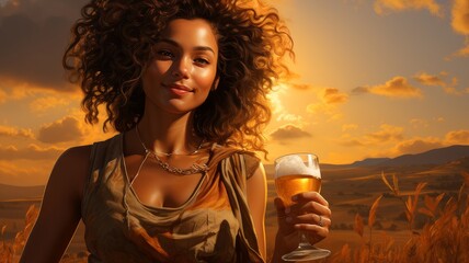 Wall Mural - woman in the field drinking beer