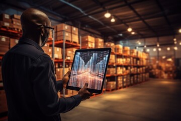 Smart warehouse, inventory management system concept, a manager using digital tablet showing warehouse software management dashboard on the blurred warehouse as background