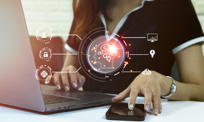Fototapete - Businesswoman using smartphone and laptop computer connecting virtual ai smart brain assistant technology. Artificial Intelligence concept.