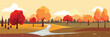 Autumn long banner. Nature fall landscape. Peaceful scenery of natural countryside with sunrise for fall season background. Vector illustration.