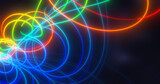 Fototapeta Przestrzenne - Abstract multi-colored rainbow neon energy laser lines flying on a black background
