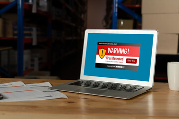 Poster - computer with green screen display in warehouse storage room . delivery and transportation software 
