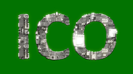 Poster - industrial style cybernetical text ICO on green screen background, isolated - object 3D illustration