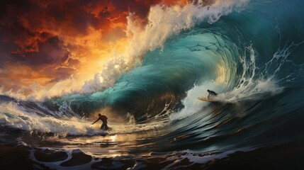 Wall Mural - silhouette of a surfer riding a wave , generative Ai