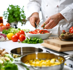 Wall Mural - Chef preparing food  meal  in the kitchen, chef cooking in kitchen , Chef decorating dish  closeup