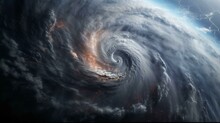 View From Space From Above On A Hurricane Tornado Swirl Of Clouds And Wind, A Storm Front Of Bad Weather And Natural Disaster. AI Generated