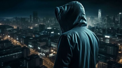 Poster - Hacker computer cybercriminal criminal with a jacket and a hood on the background of a big city at night. Concept computer data security. AI generated