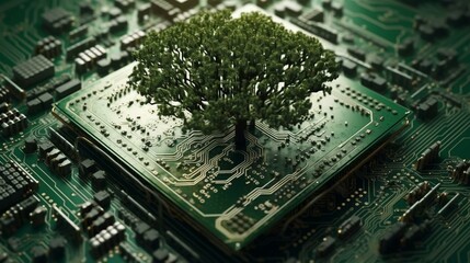 Poster - Green natural eco-friendly tree and computer technology on an abstract high-tech futuristic background of microchips and computer circuit boards with transistors. AI generated