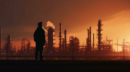 Wall Mural - A working engineer in a hard hat stands in front of an oil refinery petrochemical chemical industrial plant with equipment. AI generated