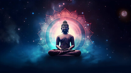 Cosmic Buddha Chakra Meditation Message banner - lotus position seated buddha with the seven chakras laid over against a wide dark blue night sky