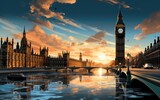 Fototapeta Londyn - Vintage big ben and houses in the sunset background.