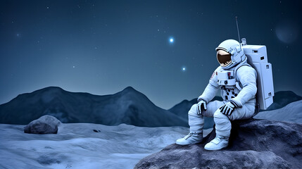 Wall Mural - spaceman or astronaut sitting on the rock at moon.