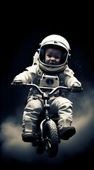 Wall Mural - kid spaceman or astronaut riding bicycle in galaxy space