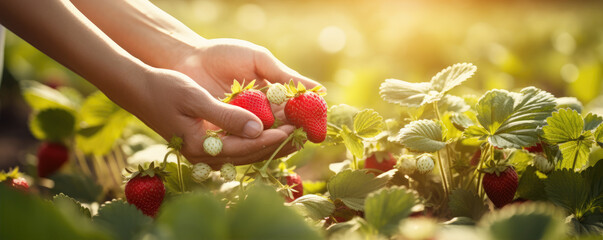 Strawberries with hands, copy space for text.