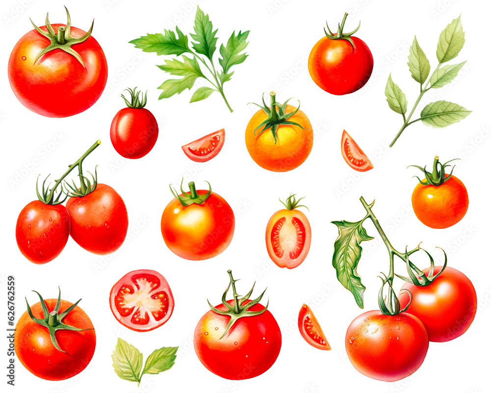 Red Tomatoes watercolor set with leaves isolated on white background ...