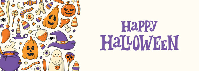 Halloween horizontal banner with lettering quote and doodles. Good for prints, cards, social media covers, wallpaper, invitations, etc. EPS 10