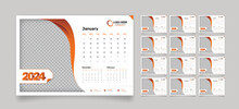 Modern 12 Pages Desk Calendar Template For The Year 2024 With Abstract Gradient Shapes And An Image Placeholder