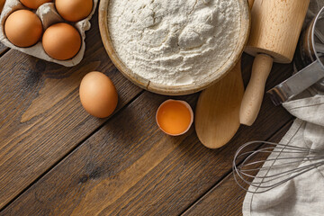 Poster - Ingredients for cooking dough on wooden table in a bakery with copy space top view