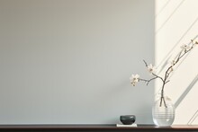 The White Flowers Basking In The Warm Sunlight, Casting A Gentle Glow Against The Off-white Wall, Creating A Serene And Inviting Ambiance. Photorealistic Illustration