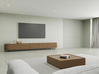 Poster - 3d rendering of modern living room with television screen and wooden cabinet on white wall.