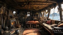 The Rustic Yet Commanding Cabin Of A Pirate Ship's Captain, Filled With Maritime Intrigue. Generative AI