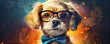 Smart or cool dog in glasses on yellow backgeound. Funny lovely pet concept. colorful vivid background,