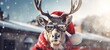Merry Christmas holiday vacation winter background greeting card - Cool Santa Claus reindeer with sunglasses, winter landscape, snowflakes and sun bokeh light (Generative Ai)