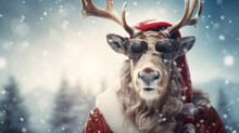 Merry Christmas Holiday Vacation Winter Background Greeting Card - Cool Santa Claus Reindeer With Sunglasses, Winter Landscape, Snowflakes And Sun Bokeh Light (Generative Ai)