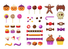 Halloween Desserts. Colorful Trick Or Treat Sweets For Kids, Cartoon Candy Bar Decorated With Scary Elements For Traditional October Party. Vector Set