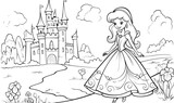 Bring the cartoon princess and castle to life by coloring their intricate line art.