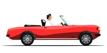 Side View, Human Driving In Classic Red Car On Isolated Background, Vector Illustration.
