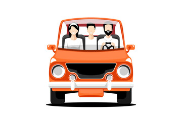 Wall Mural - Family human in orange personal car on isolated background, Vector illustration.