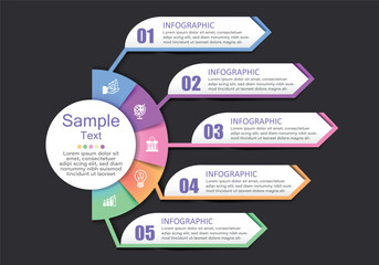 Fototapete - 5 level step infographic vector in circles and semicircles with link box left side of circle on dark gray background for presenting management education finance and finance modern style.