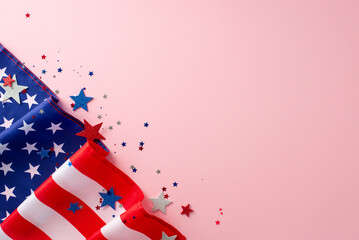 Wall Mural - Celebration women's work on American Labor Day concept. Top view photo of american flag with sparky confetti stars on pink isolated background with copy-space for text or advert