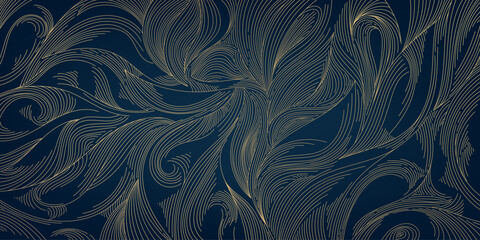 Vector line gold pattern background, wavy hand drawn luxury art deco illustration. Swirls, waves, leaves japanese style design. Dynamic swirl composition.