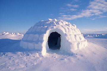 Traditional igloo, reflecting the ingenious architecture of the Inuit people in the Arctic regions. Dome-shaped house made of compacted snow blocks, with an entrance tunnel