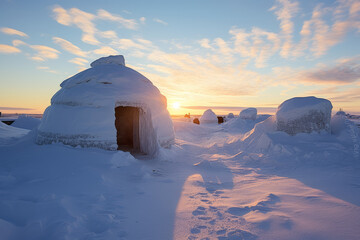 Wall Mural - Traditional igloo, reflecting the ingenious architecture of the Inuit people in the Arctic regions. Dome-shaped house made of compacted snow blocks, with an entrance tunnel