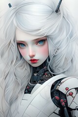 Wall Mural - Hyperealistic watercolour and colored pencil of a beautiful female robotic android samurai warrior, messy hair. Beautiful eyes and lips, japanese minimalistic Anime Style illustration. generative AI