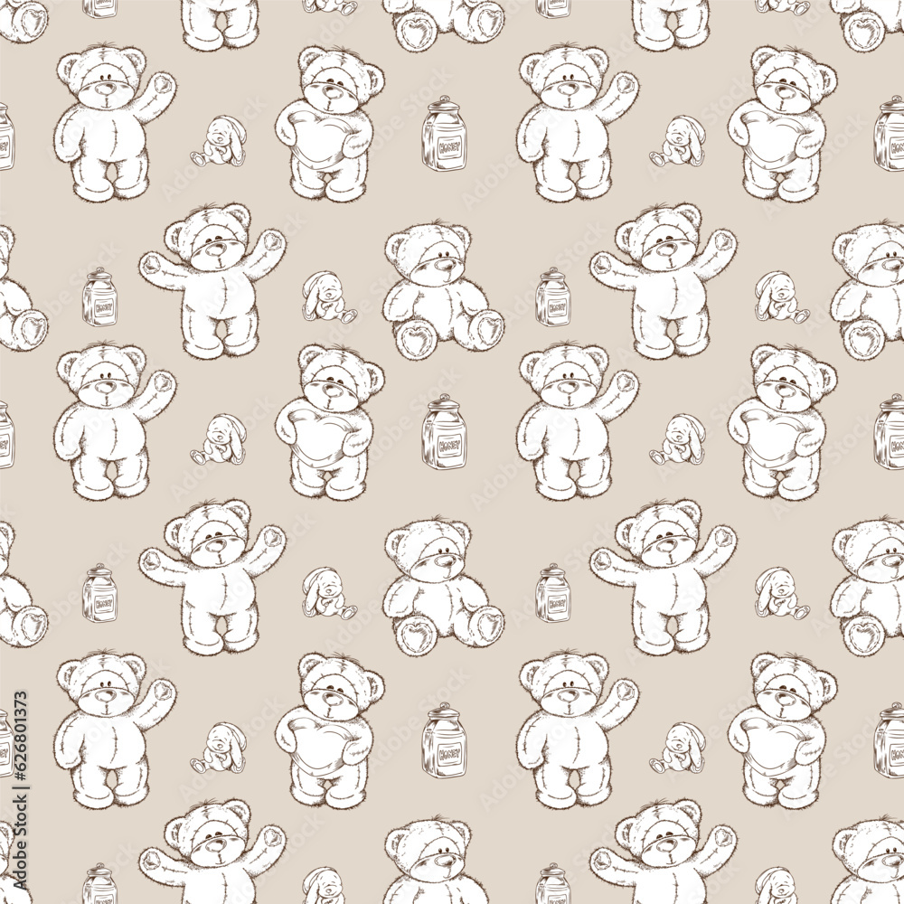 Teddy bear seamless pattern, hand drawn sketch vector illustration on ...