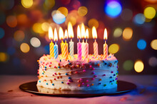 Birthday Cake With Candles Bright Lights Bokeh Background. Birthday Cake Decorated With Colorful Cream And Ten Candles.