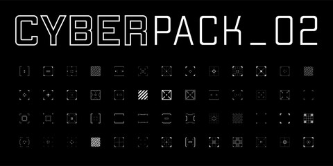 Futuristic design elements set. Rectangle targets, aims, sights, and crosshairs. A pack of cyberpunk style aims. A vector collection of futuristic cyberpunk design elements